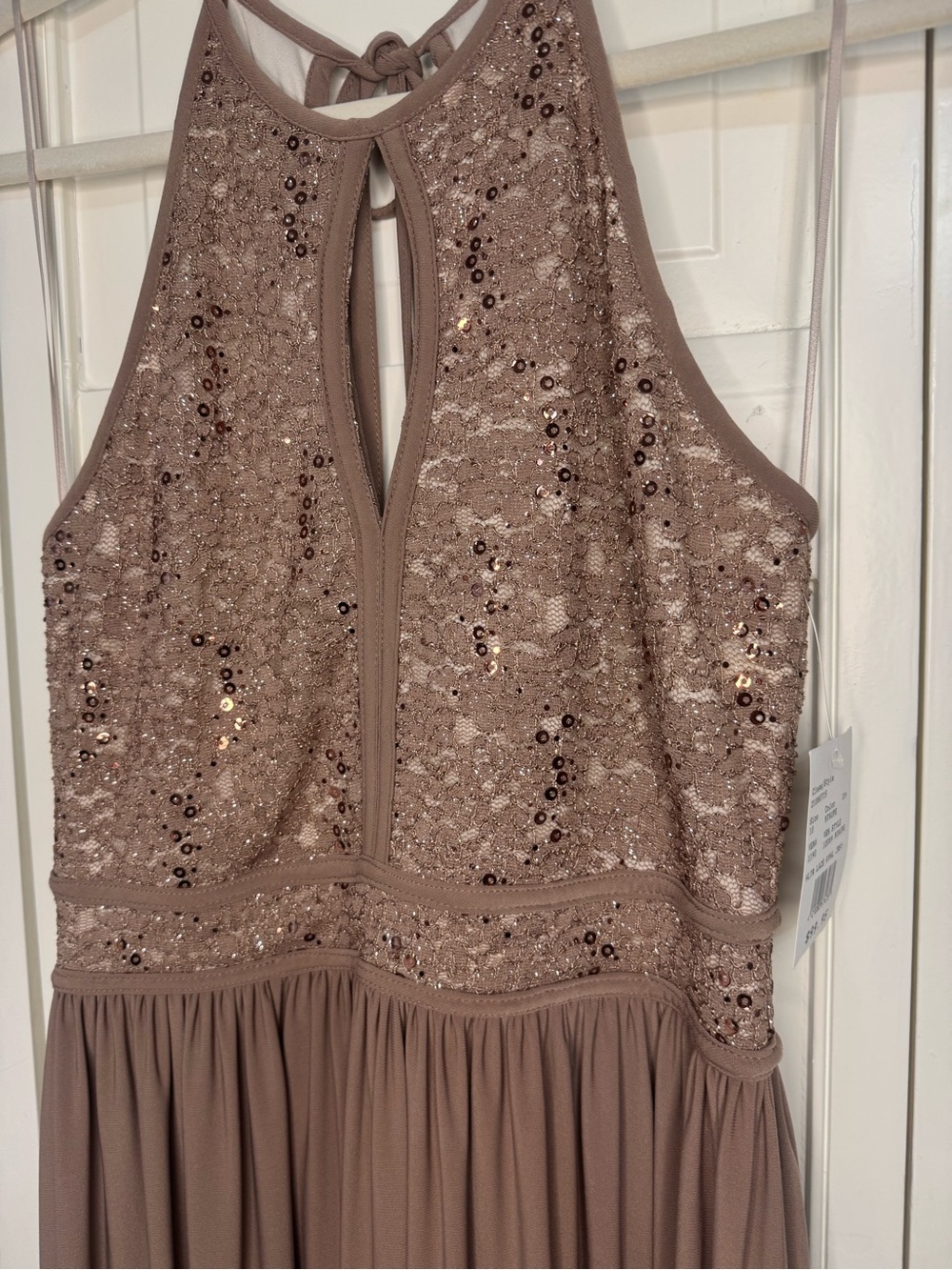 Morgan & Co Taupe Sequin Lace Halter Prom Formal Gown Dress Size 10 NWT - Picture 2 of 6